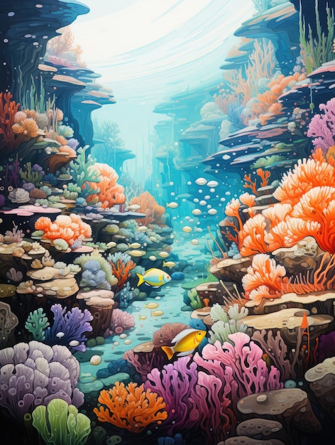 graphics a mix of marine creatures coral reefs and floating objects in a vibrant and otherworldly underwater setting