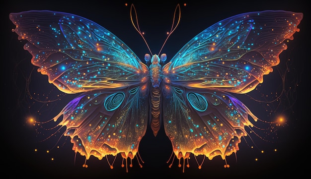 A graphics neon butterfly with intricate glowing wings set against a starry sky