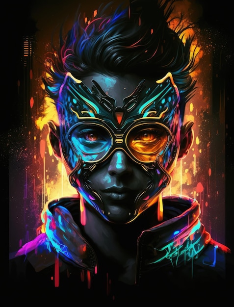 A graphics neoninfused portrait of a person with a glowing abstract mask and neoncolored eyes set against a dark abstract background