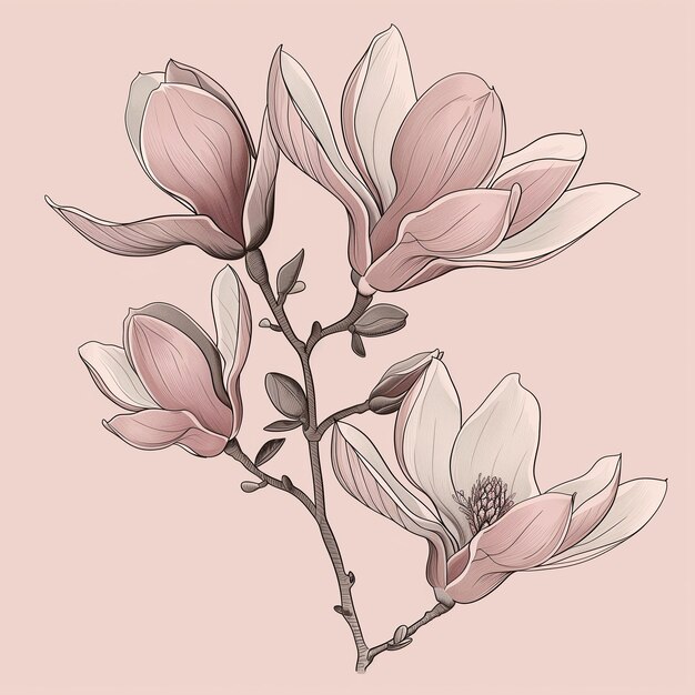 Photo graphics on a pink background blooming pink magnolia and buds on a branch