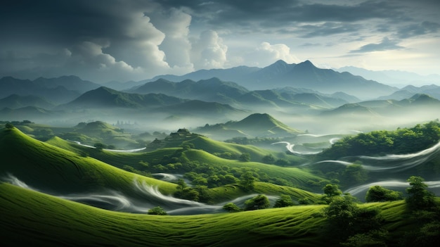 The grass a brilliant emerald hue sways gently in the wind creating mesmerizing ripples that rese