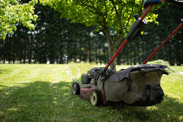 Photo grass cutting in progress lawn mower working on a sunny day