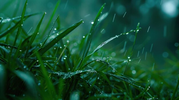 Photo grass dew rain macro fresh green eco ai generated