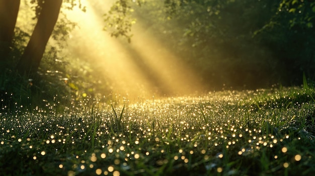 Photo grass dewdrops forest sunlight generative ai