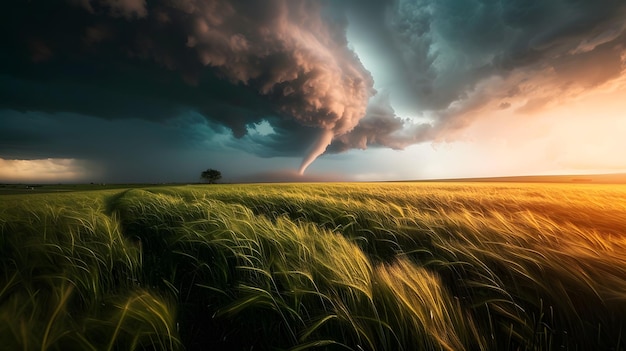 Photo grass field under siege tornado in a dramatic stormscape ai image