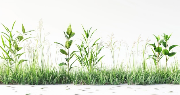 a grass field with a white background with a green plant in the foreground