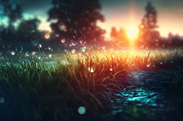 Grass filled with dew on a sunrise morning Neural network AI generated