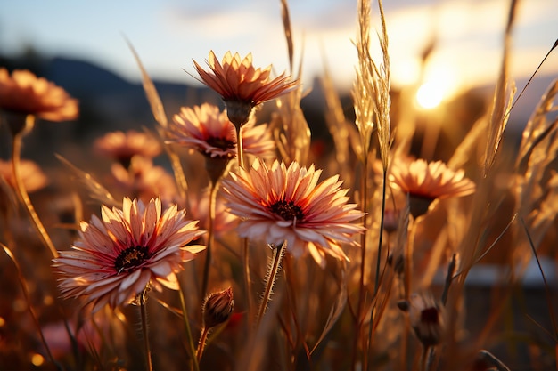 Grass flower in the morning at sunrise Generative ai