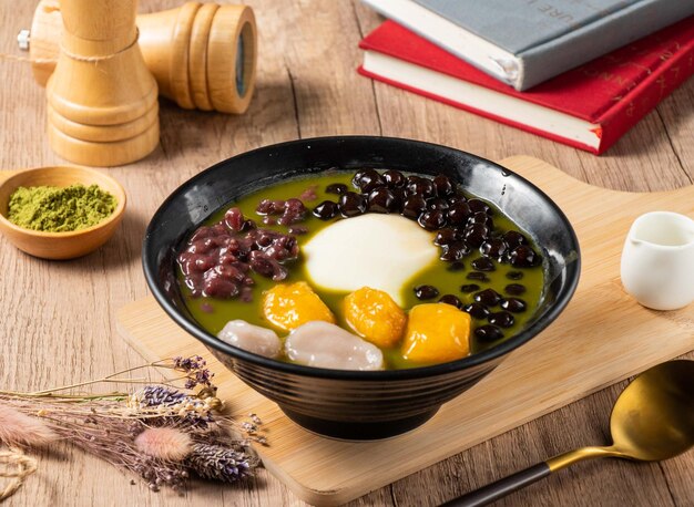 Grass Jelly Matcha mango beans served in bowl isolated on table top view of asian food