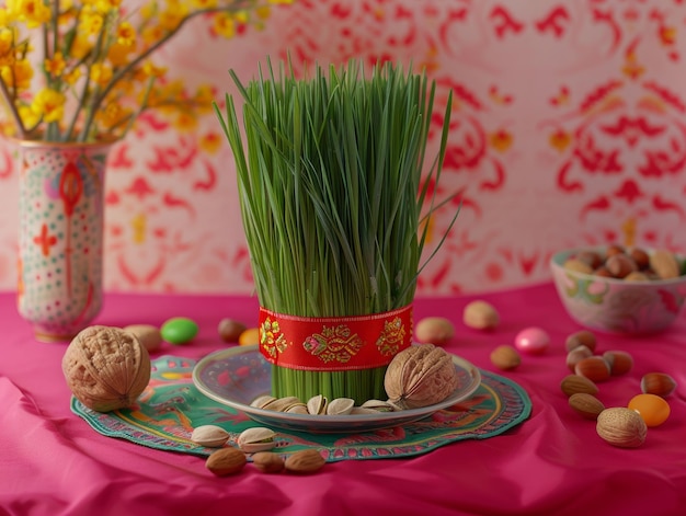 grass in red ribbon pot nuts and candy placed on plate for Nowruz celebration themed background