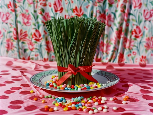 grass in red ribbon pot nuts and candy placed on plate for Nowruz celebration themed background