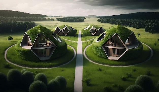 The grass roofs of the houses are covered with grass