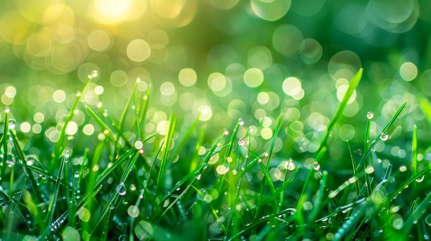 Photo grass with dew drops in morning light