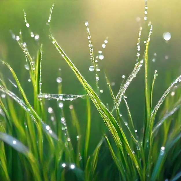 a grass with water droplets on it and the sun behind it