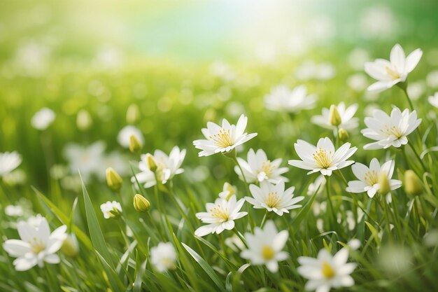 Grass with white flowers blurred nature background floral border