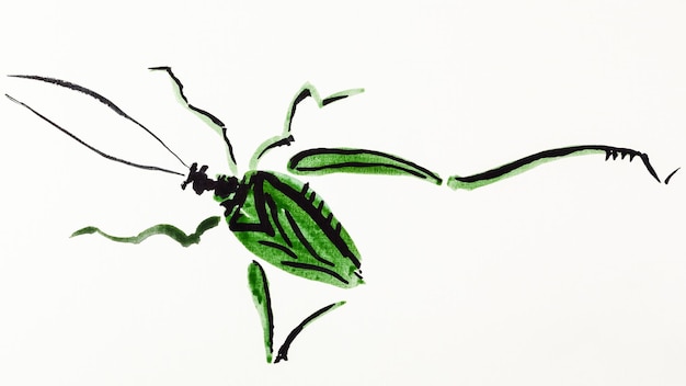 Grasshopper drawn by green and black watercolors