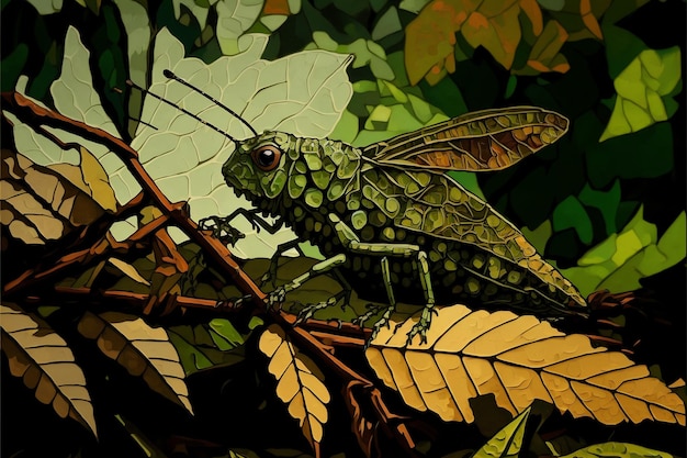 Grasshopper eating and destroying leaves creative digital painting abstract background