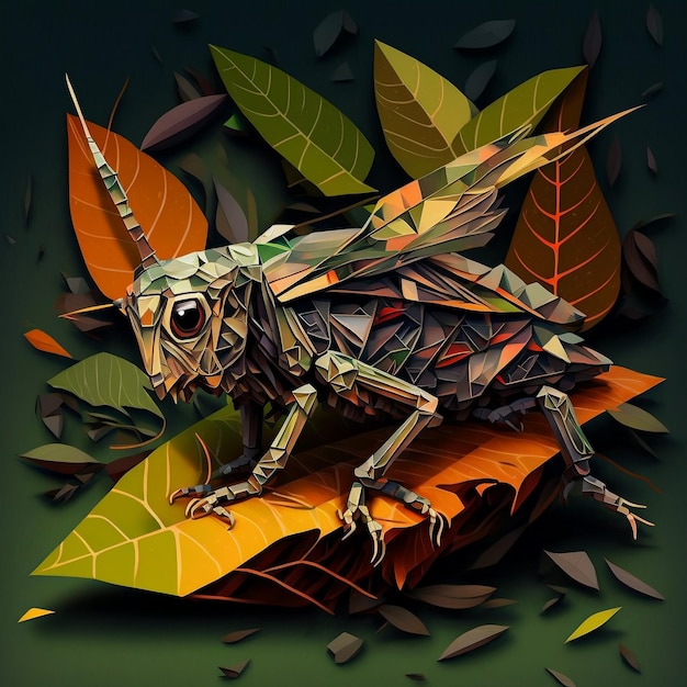 Grasshopper eating and destroying leaves cubism style creative digital painting