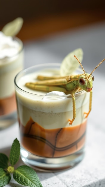 Photo grasshopper in a glass of dessert