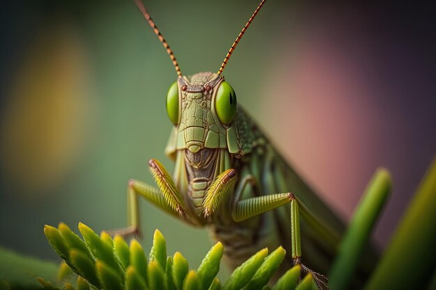 A grasshopper is captured in close up against a hazy background while perched on a green plant stem