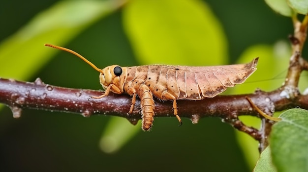 A grasshopper sits on a branch.