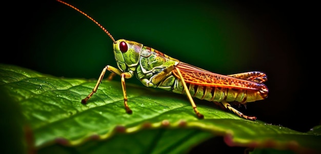 A grasshopper sits on a leaf in the dark.