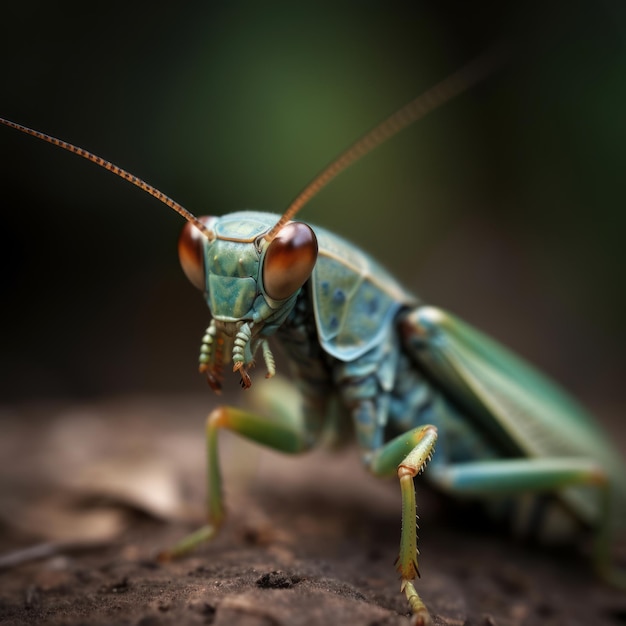 A grasshopper with a green and blue face is sitting on the ground.