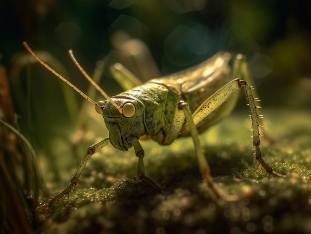 A grasshopper with a green body sits on a mossy surface.