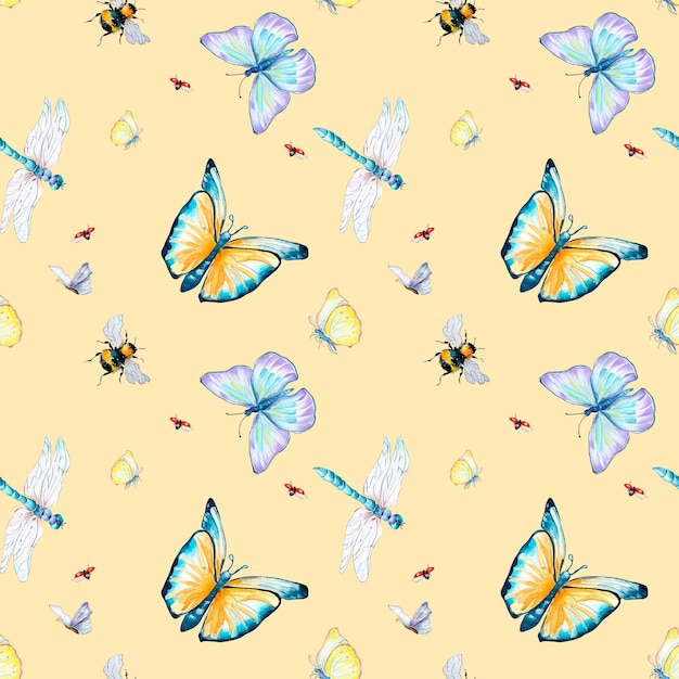 Grassland insects watercolor illustration seamless pattern on beige