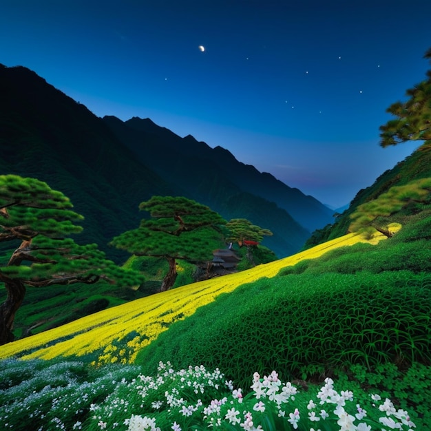 Grassland in the Mountains with Trees at Night