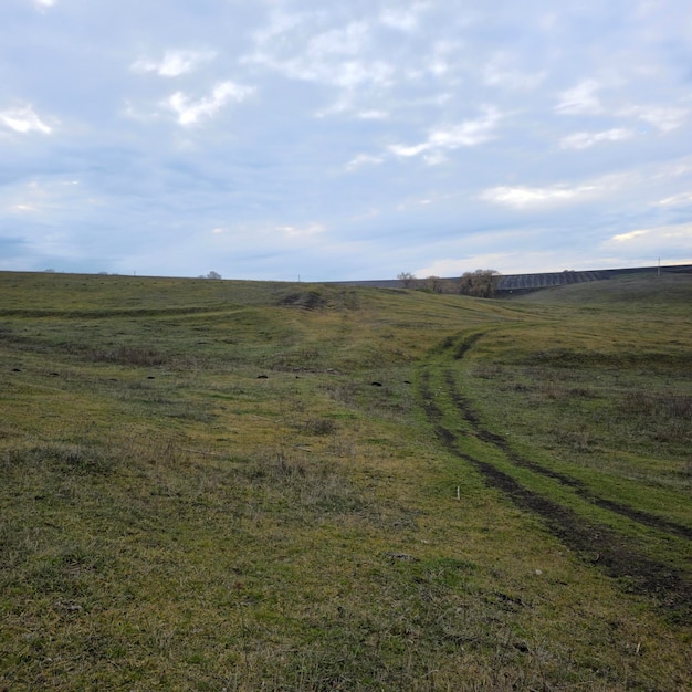 Photo a grassy field with a blue sky