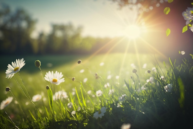 a grassy field with flowers and trees in the background