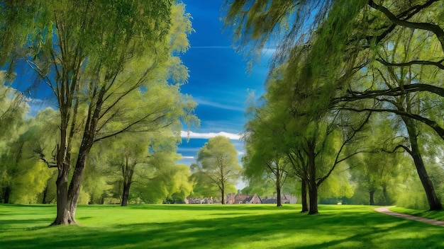 Grassy field with green trees under a blue sky at daytime