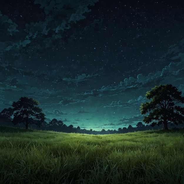 Grassy field with a night sky and clouds above it and tree anime style