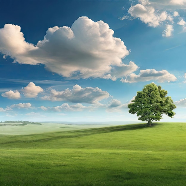 a grassy field with trees and clouds in the sky