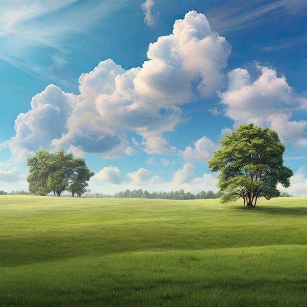 a grassy field with trees and clouds in the sky