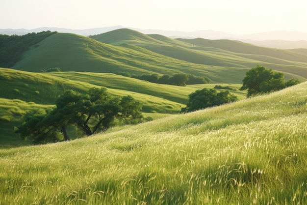 A Grassy Field With Trees and Hills in the Background