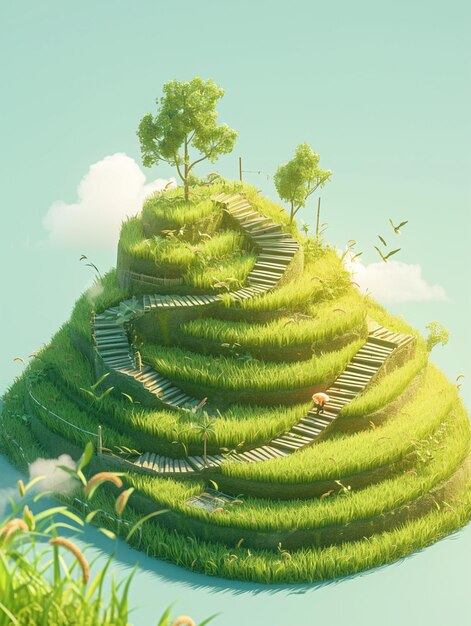 grassy hill with stairs leading to a tree and a bench generative ai