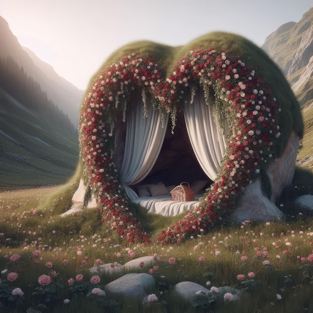 A grassy mountain meadow with a cave in the shape of a heart