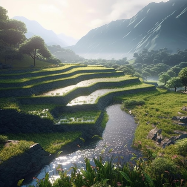 Grassy terraces with water and trees in the middle of a valley generative ai