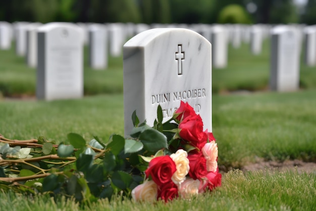 A grave of the duni pacquiderr memorial sits in a field.