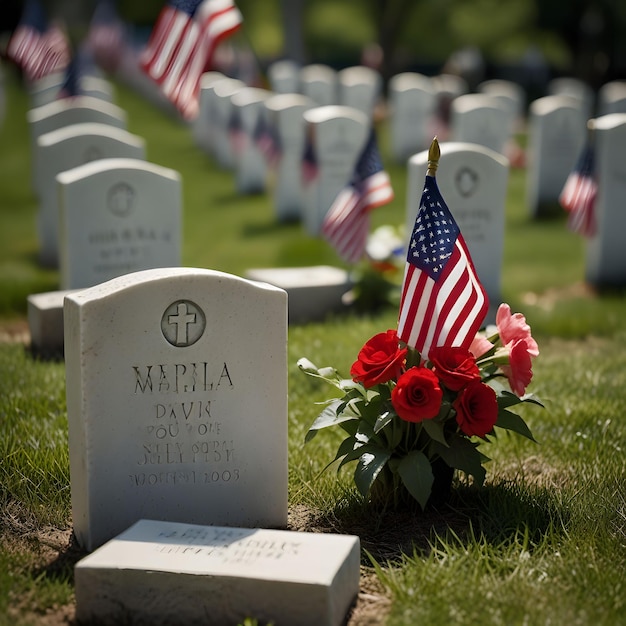 a grave marker with a flag and a flag in the middle of it