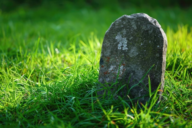 Photo grave monument closeup of blank granite headstone in green grassy field