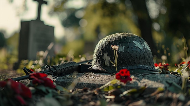 Photo a grave with a flower in it and a hat with the letters l on it