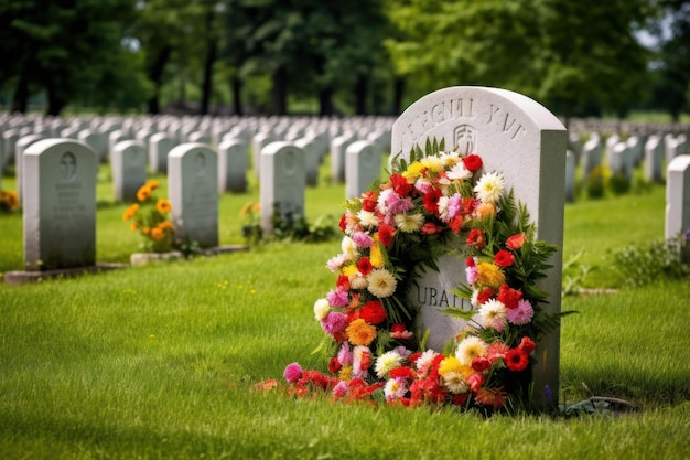 A grave with flowers around it and a wreath on it