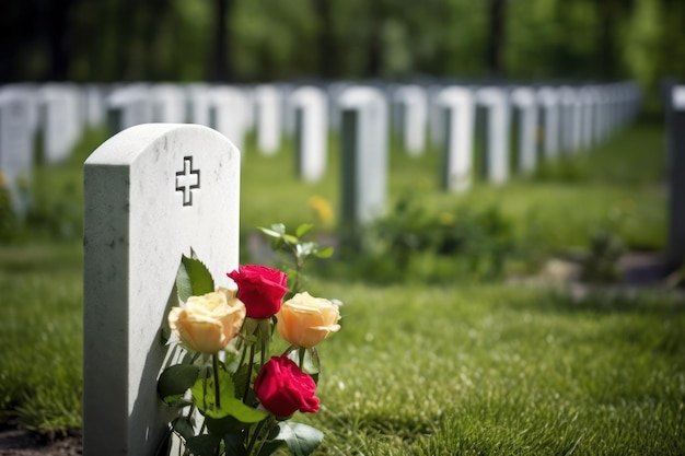 A grave with red and white roses and a red cross on it