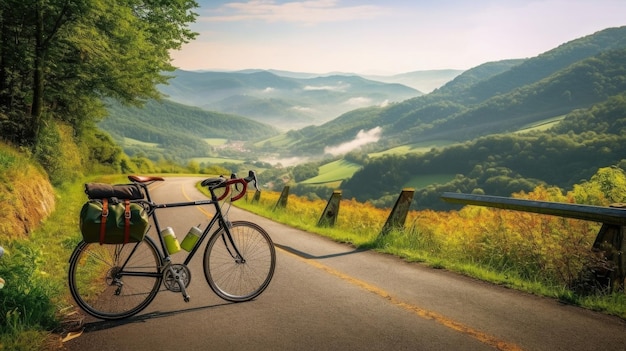 Gravel bike at road with beautiful mountain landscape Generative AI