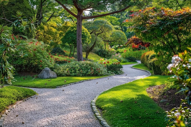 A gravel path winding through a garden surrounded by trees A gravel path cutting through a peaceful garden