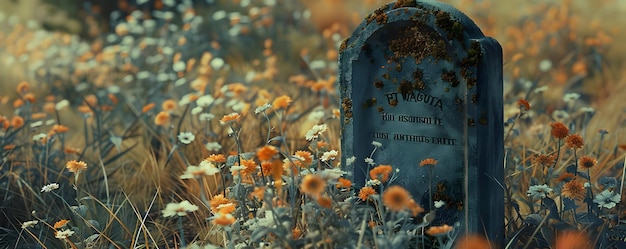 Photo gravestone in a field of flowers realistic image