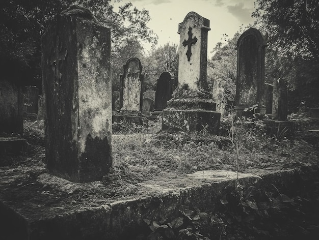 Gravestones in a Cemetery with Crosses